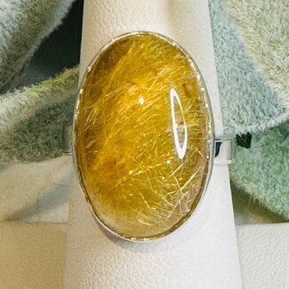 Gold Rutilated Quartz Rings - Oval Adjustable Bezel Set - Sterling Silver - Golden Rutile Angel Venus Hair