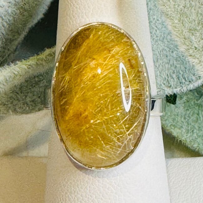 Gold Rutilated Quartz Rings - Oval Adjustable Bezel Set - Sterling Silver - Golden Rutile Angel Venus Hair