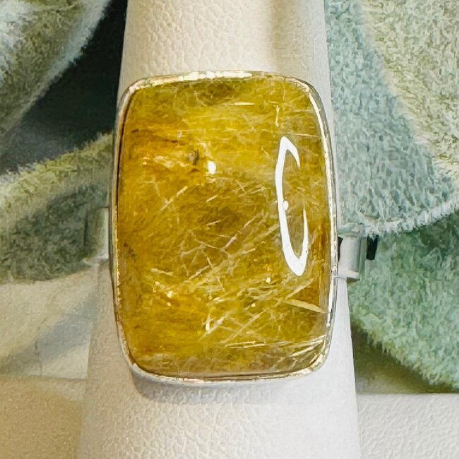 Gold Rutilated Quartz Rings - Rectangle Adjustable Bezel Set - Sterling Silver -Golden Rutile Angel Venus Hair