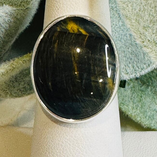 Blue Tigers Eye Rings - Oval Adjustable Bezel Set - Sterling Silver