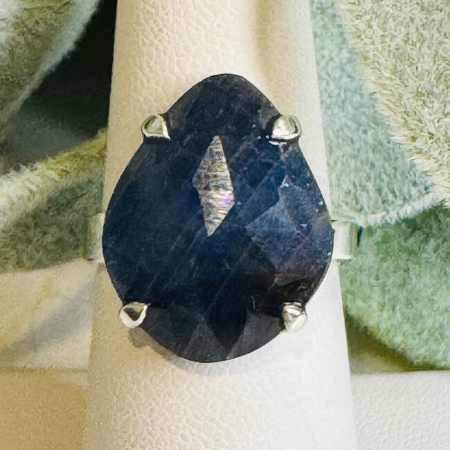 Blue Sapphire Rings - Teardrop Pear Adjustable Faceted Prong - Sterling Silver