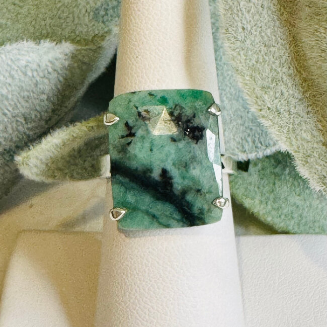 Emerald Rings - Square Adjustable Faceted Prong - Sterling Silver