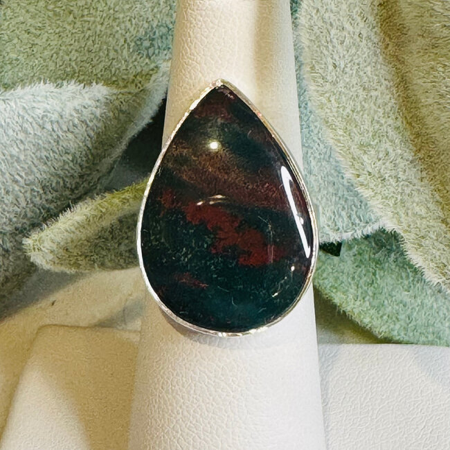 Bloodstone (Seftonite Heliotrope) Rings - Teardrop Pear Adjustable Bezel Set - Sterling Silver