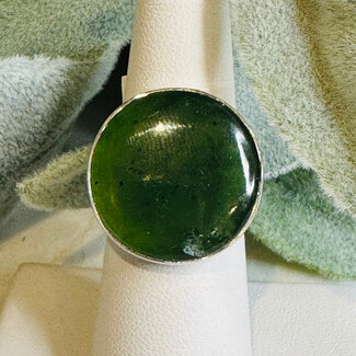 Nephrite Jade Rings - Round Adjustable Bezel Set - Sterling Silver