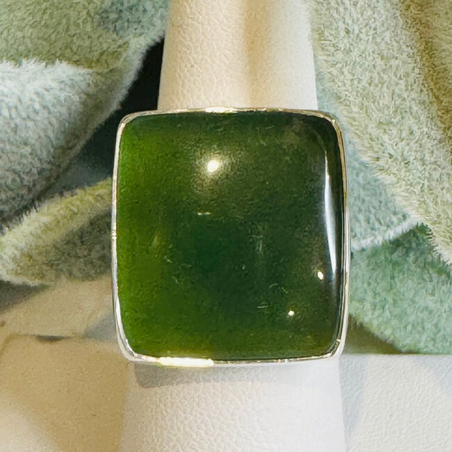 Nephrite Jade Rings - Square Adjustable Bezel Set - Sterling Silver