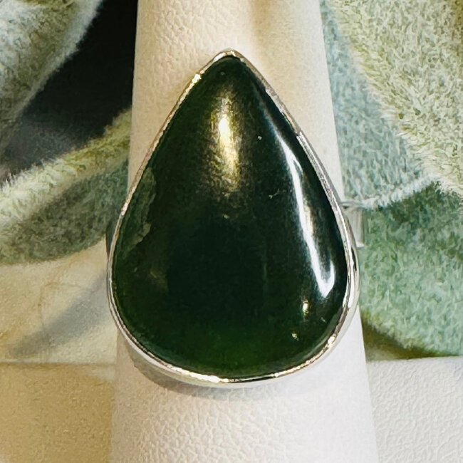 Nephrite Jade Rings - Teardrop Pear Adjustable Bezel Set - Sterling Silver