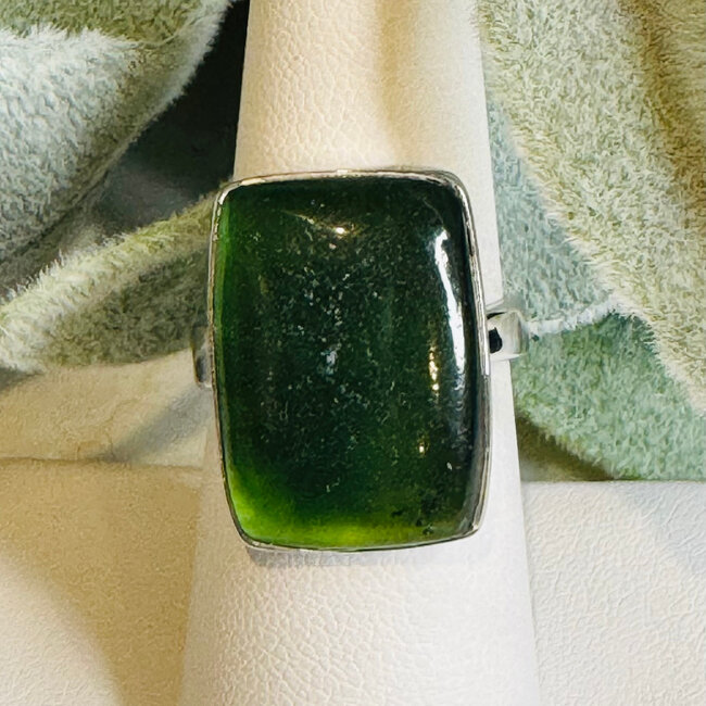 Nephrite Jade Rings - Rectangle Adjustable Bezel Set - Sterling Silver
