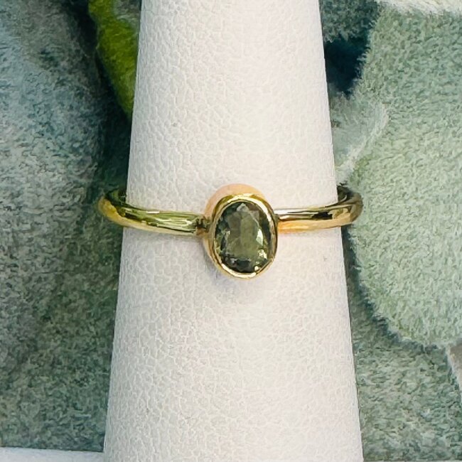 Moldavite Rings - Size 5 Oval - Faceted Bezel Set -18k Gold Vermeil
