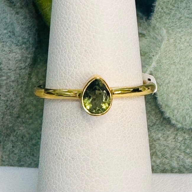 Moldavite Rings - Size 6 Teardrop Pear - Faceted Bezel Set - 18k Gold Vermeil