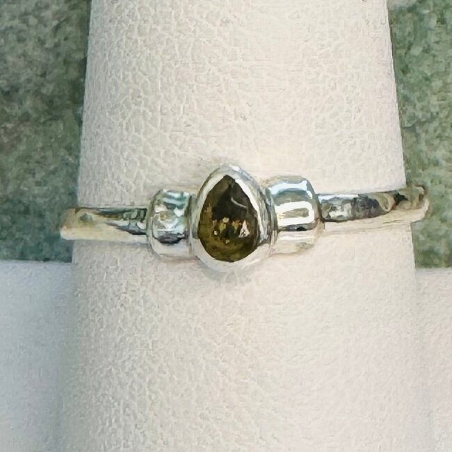 Moldavite Rings - Size 7 Teardrop Pear Raised Bezel Set - Sterling Silver