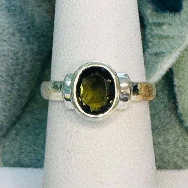 Moldavite Rings - Size 6 Oval Raised Bezel Set - Sterling Silver