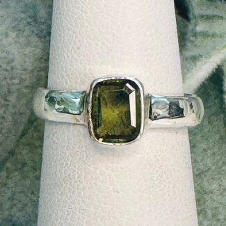 Moldavite Rings - Size 5 Emerald Cut (Large) Bezel Set - Wide Band Sterling Silver