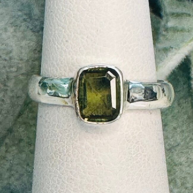 Moldavite Rings - Size 5 Emerald Cut (Large) Bezel Set - Wide Band Sterling Silver