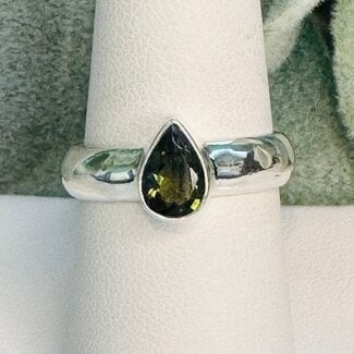 Moldavite Rings - Size 9 Teardrop Pear (Large) Bezel Set - Wide Band Sterling Silver