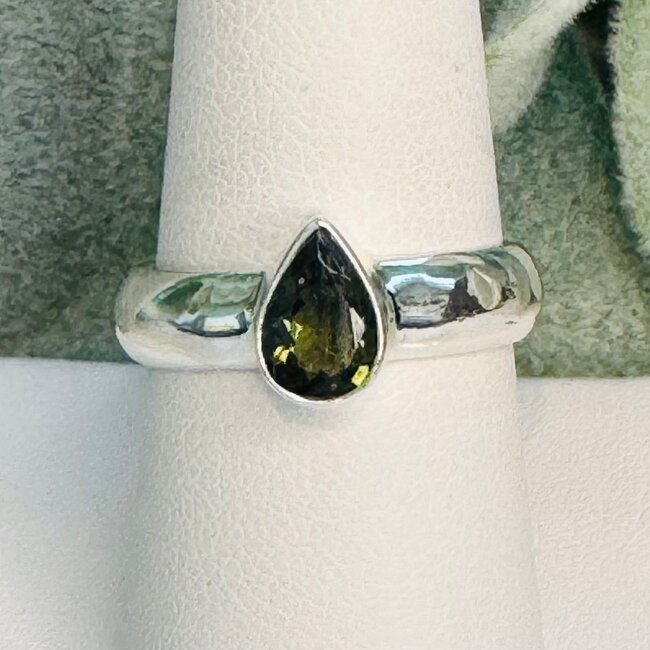Moldavite Rings - Size 9 Teardrop Pear (Large) Bezel Set - Wide Band Sterling Silver