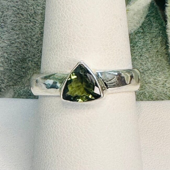Moldavite Rings - Size 6 Trilliant Triangle (Large) Bezel Set - Wide Band Sterling Silver