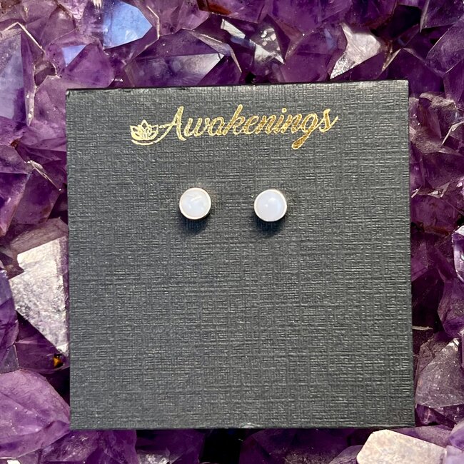 Blue Lace Agate Earrings - Round Studs Bezel Set - Sterling Silver .925
