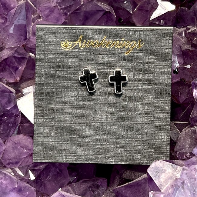 Black Tourmaline Earrings - Cross Studs - Sterling Silver .925