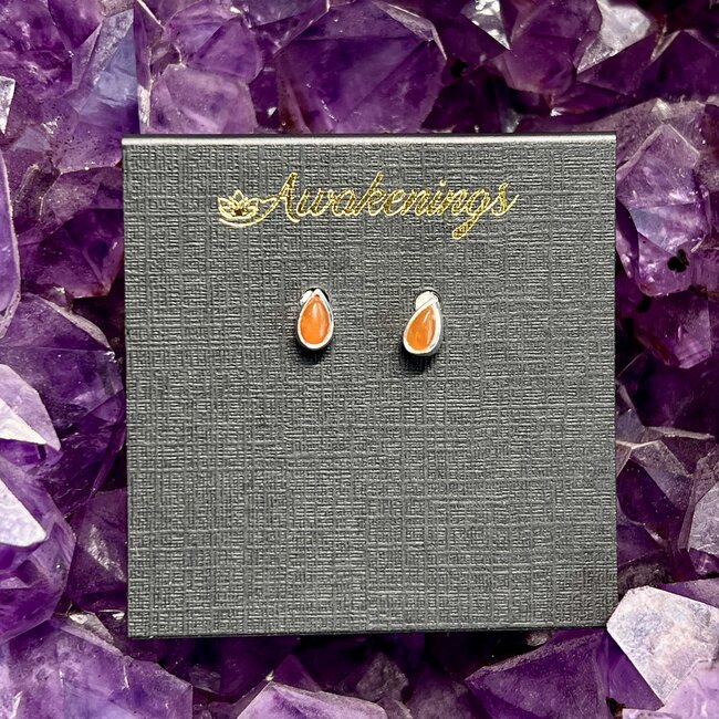 Carnelian Earrings - Teardrop Pear Studs Bezel Set 4mm - Sterling Silver