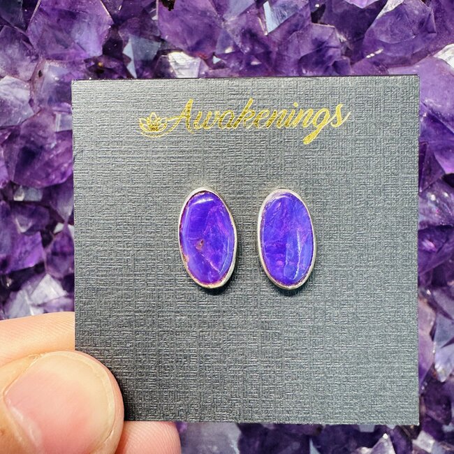 Sugilite Oval Earrings (Extra Quality) - Oval Studs Bezel Set - Sterling Silver
