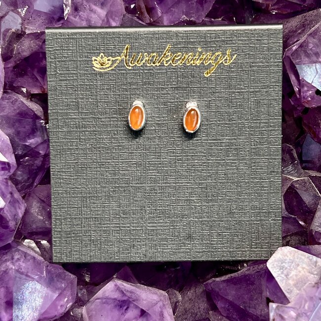 Carnelian Earrings - Oval Studs Bezel Set 4mm - Sterling Silver