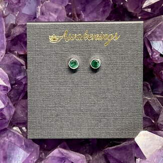 Emerald Earrings - Round Faceted Stud Bezel Set - Sterling Silver .925