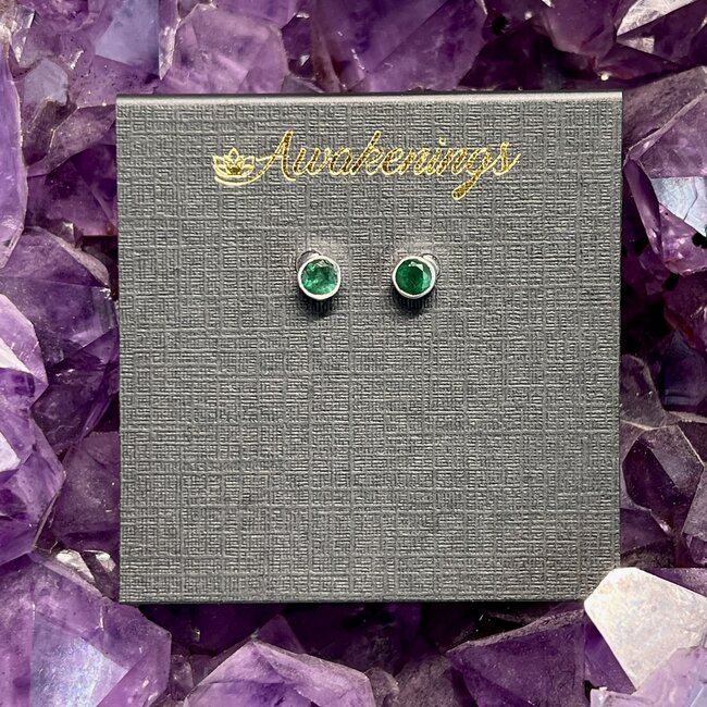 Emerald Earrings - Round Faceted Stud Bezel Set - Sterling Silver .925