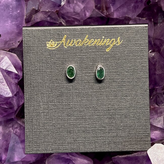 Emerald Earrings - Oval Faceted Stud Bezel Set - Sterling Silver .925