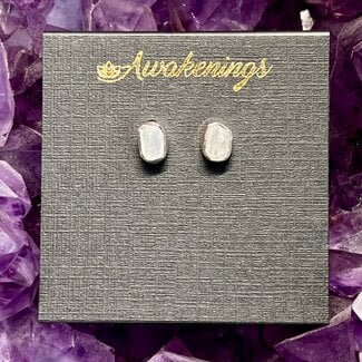 Selenite (Satin Spar Gypsum) Earrings - Natural Rough Raw Studs Bezel Set - Sterling Silver .925