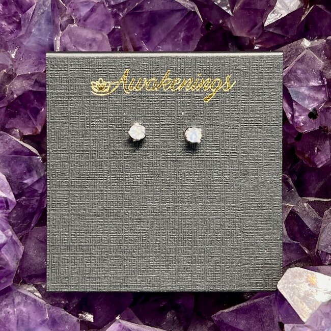 White Rainbow Moonstone Earrings - 3mm Faceted Studs - Sterling Silver Gemstone Jewelry