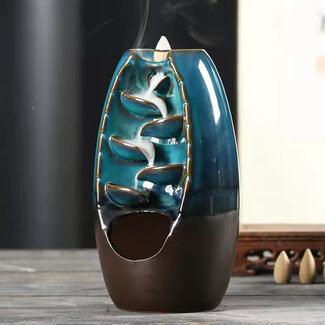 Backflow Reverse Flow Incense Cone Burner - Blue Aqua (Cascading Leaves) Small - Ribbed Waterfall