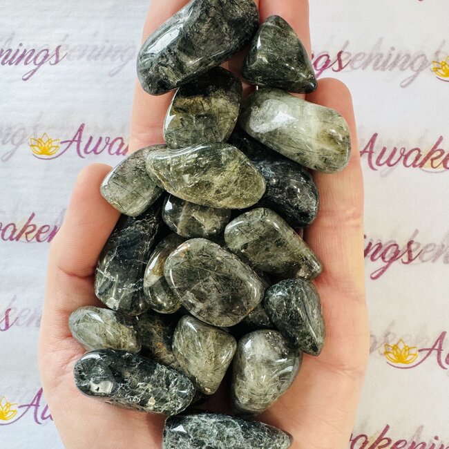 Green Rutilated Rutile Chlorite Quartz  - Tumbled Smooth Epidote Inclusions