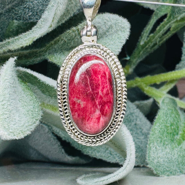 Thulite Pendants - Oval Deco Bezel Set - Sterling Silver