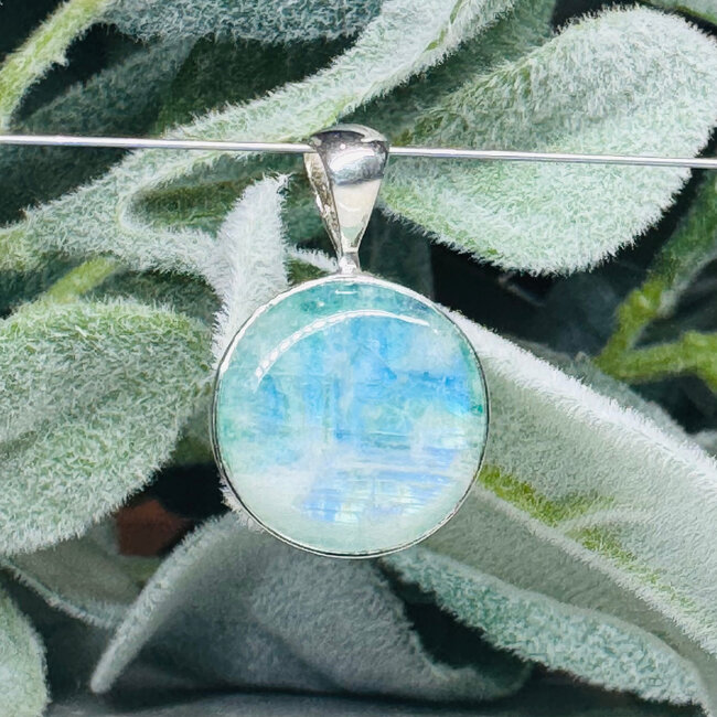 Sea Green Moonstone Pendants - Round Circle Bezel Set - Sterling Silver (High Flash)