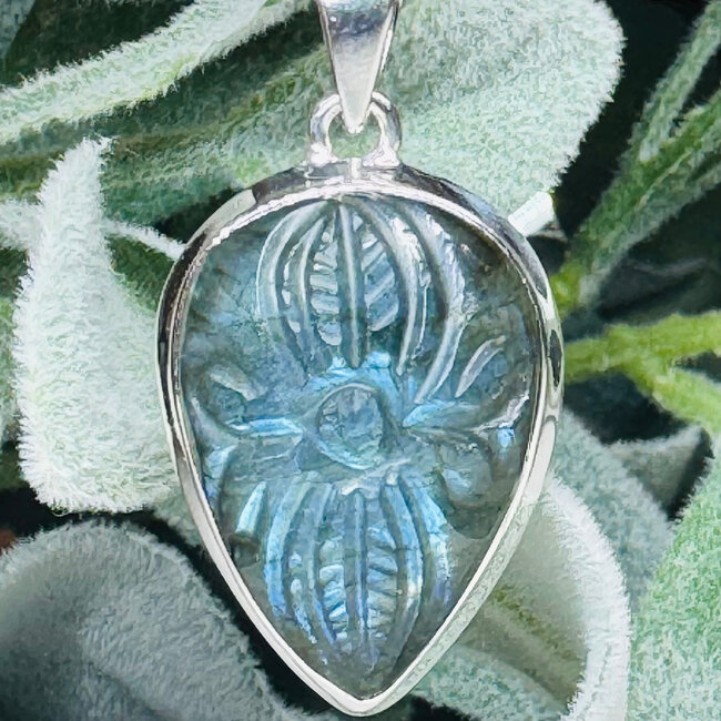 Blue Labradorite Pendants - Teardrop Pear (Inverted) Floral Carved - Bezel Set Sterling Silver