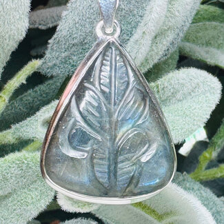 Blue Labradorite Pendants - Teardrop Pear (Wide) Floral Carved - Bezel Set Sterling Silver