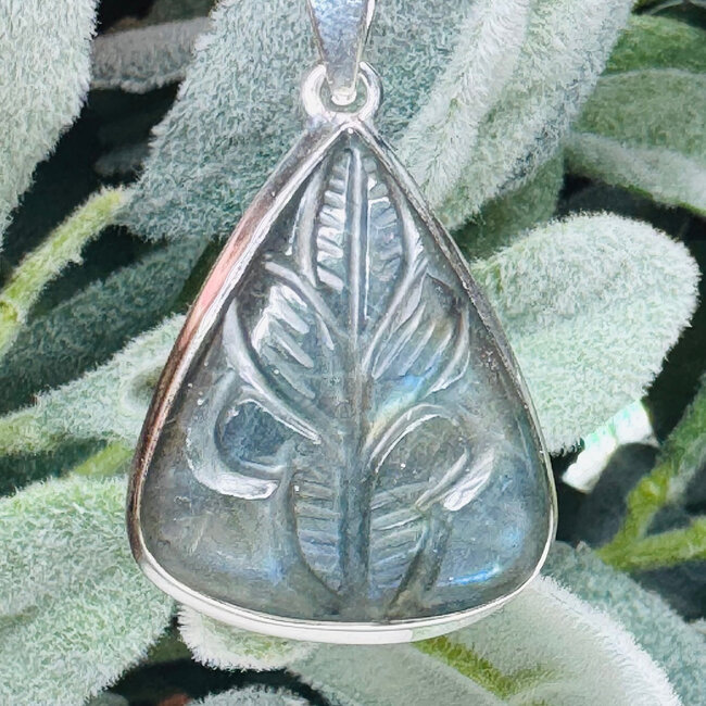 Blue Labradorite Pendants - Teardrop Pear (Wide) Floral Carved - Bezel Set Sterling Silver