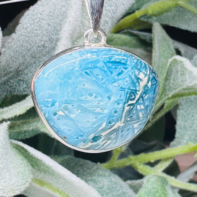 Blue Ice (Glacierite Nakaurite) Pendants - Wide Oblong Bezel Set - Sterling Silver