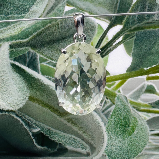 Prasiolite (Green Amethyst) Pendant - Oval Faceted Bezel Set - Sterling Silver