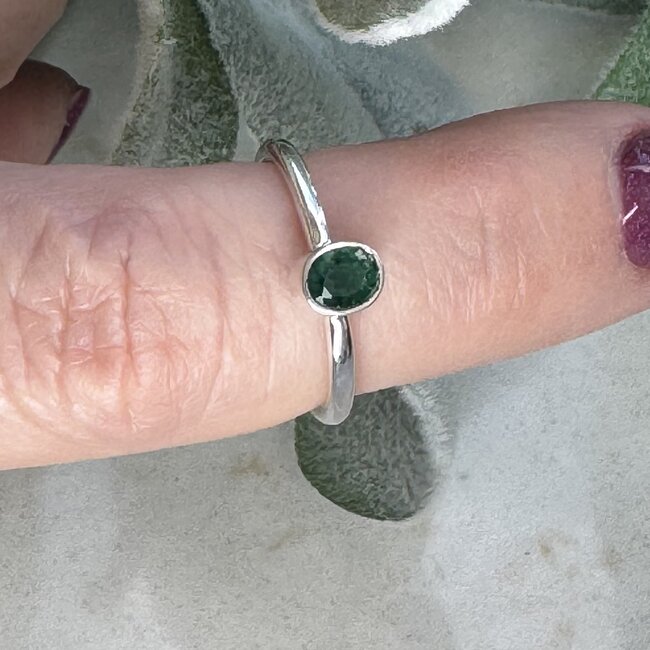 Emerald Rings - Size 6 Oval Faceted Bezel Set - Sterling Silver