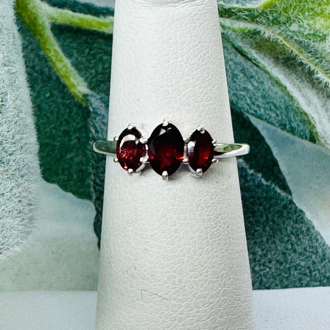 Red Garnet Rings - Size 5 Triple Marquise (3 Stone) Faceted - Sterling Silver