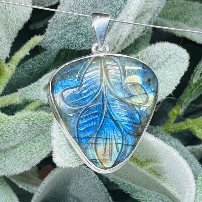 Blue Labradorite Pendants - Triangle Leaf Carved - Bezel Set Sterling Silver