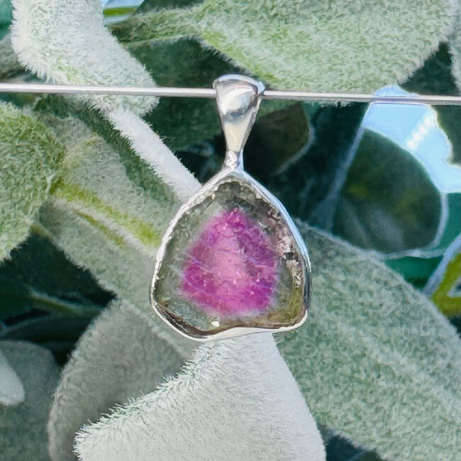 Watermelon (Pink Green) Tourmaline Pendants - 'Triangle' Natural Slice Bezel Set - Sterling Silver