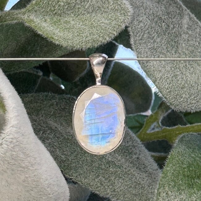 Rainbow Moonstone Pendants - Oval Faceted Bezel Set - Sterling Silver