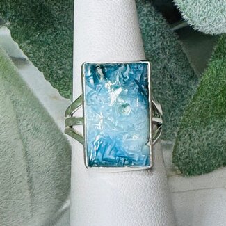 Blue Ice (Glacierite Nakaurite) Rings - Size 7 Rectangle (Triple Band) Bezel Set - Sterling Silver