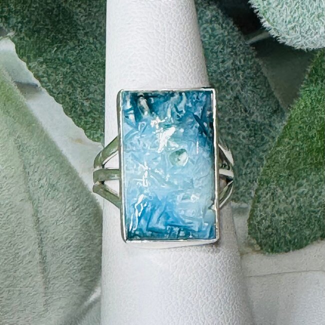 Blue Ice (Glacierite Nakaurite) Rings - Size 7 Rectangle (Triple Band) Bezel Set - Sterling Silver