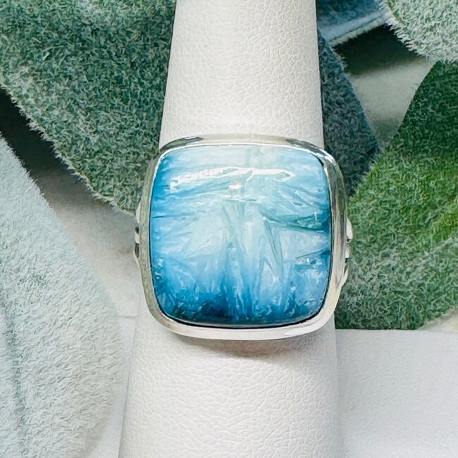 Blue Ice (Glacierite Nakaurite) Rings - Size 7 Square Bezel Set - Sterling Silver