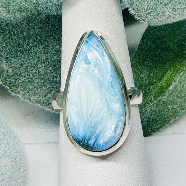 Blue Ice (Glacierite Nakaurite) Rings - Size 8 Teardrop Pear Bezel Set - Sterling Silver