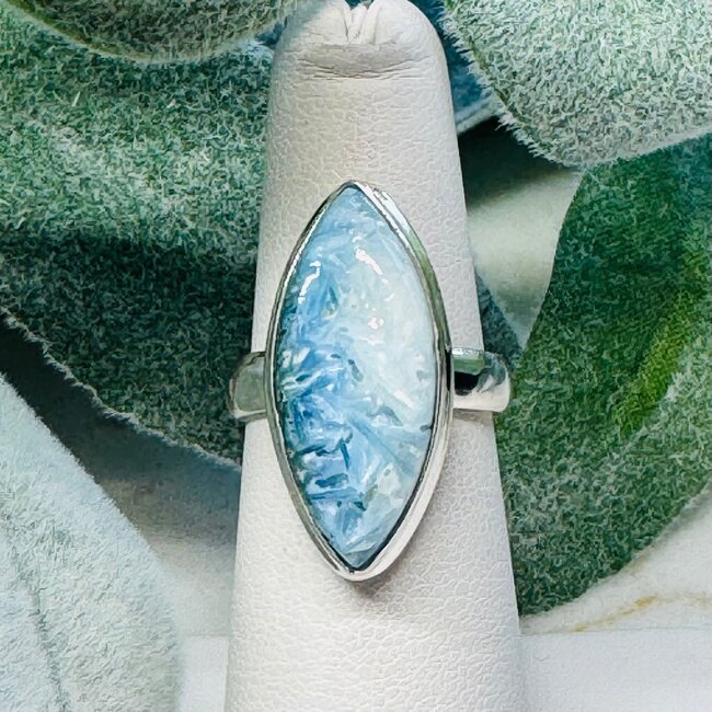 Blue Ice (Glacierite Nakaurite) Rings - Size 6 Marquise Bezel Set - Sterling Silver