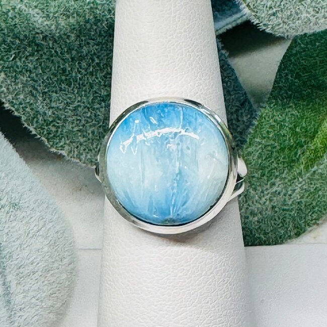 Blue Ice (Glacierite Nakaurite) Rings - Size 8 Round Circle Bezel Set - Sterling Silver